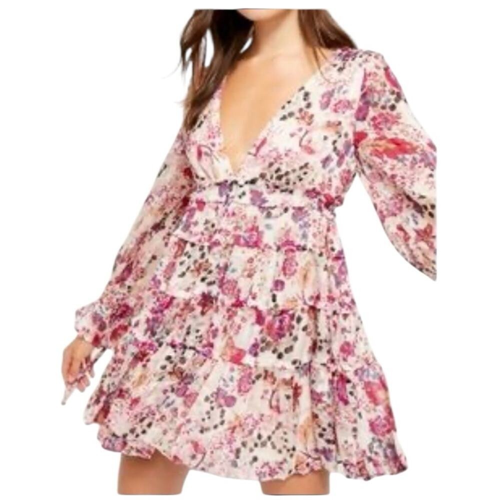Free People Long Sleeve Floral Mini Dress Deep Size M Boho Western Cottage - Picture 3 of 8